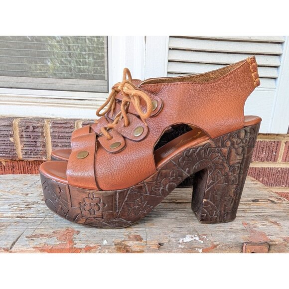 Free People 'Farrah' Leather Platform Clog Sandal-Chestnut Brown-Lace Up-Sz 40/9 - Picture 1 of 12